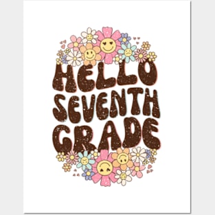 Groovy Hello 7th Grade Vibes Retro Teacher Back To School Posters and Art